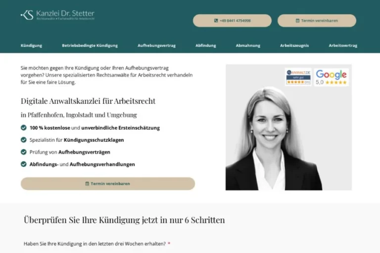 Landingpage der Kanzlei Dr. Stetter, Arbeitsrecht Pfaffenhofen